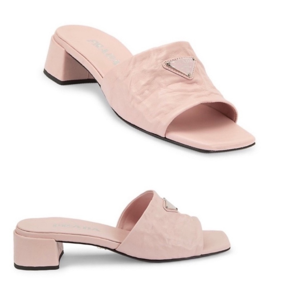 Prada Crinkled Leather Block-Heel Slip on Logo Mules Sandals size 8 Pale Pink